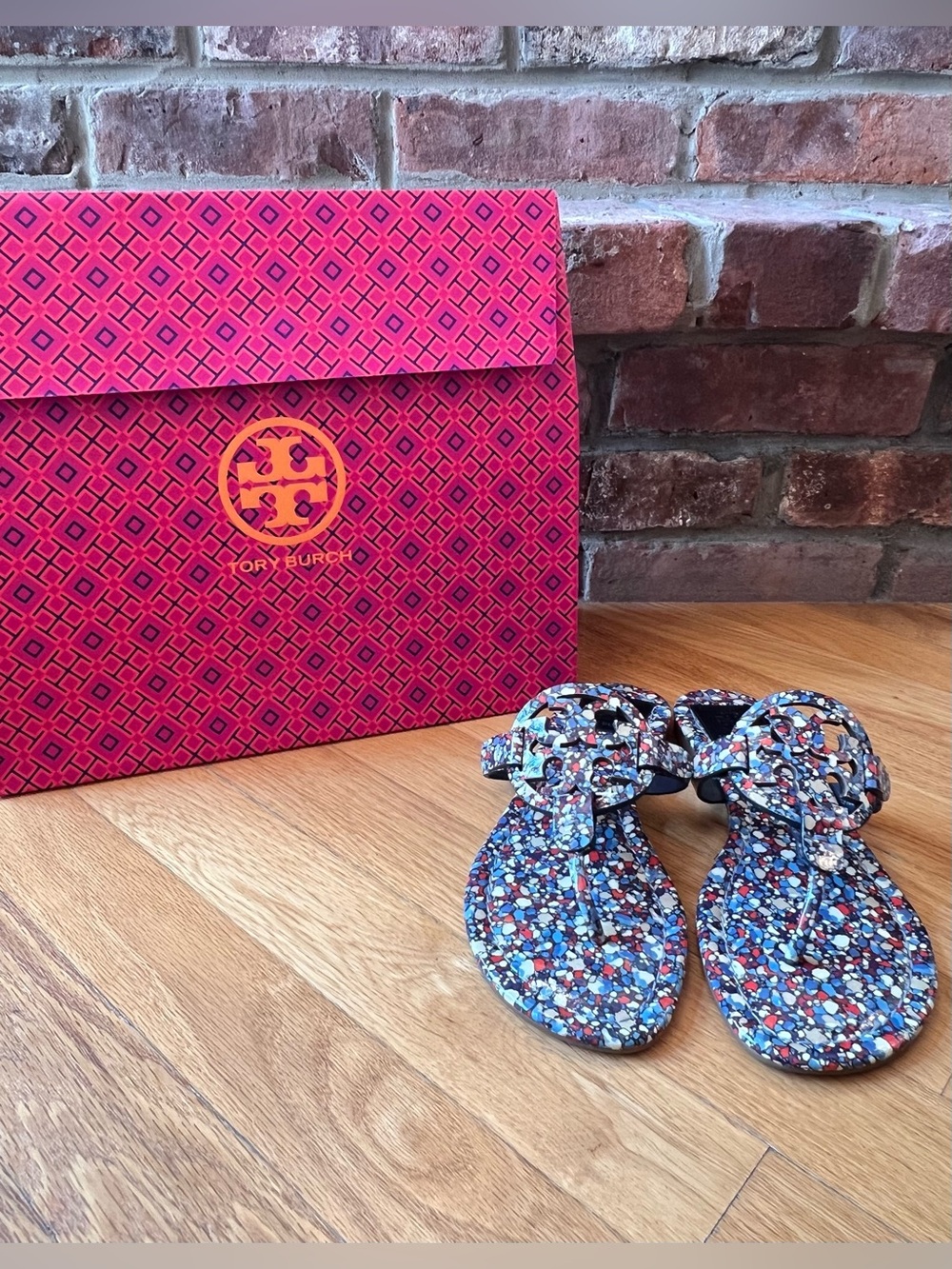 Tory Burch Linosa Red & Blue Combo Printed Naplak Patent Leather Miller Sandals